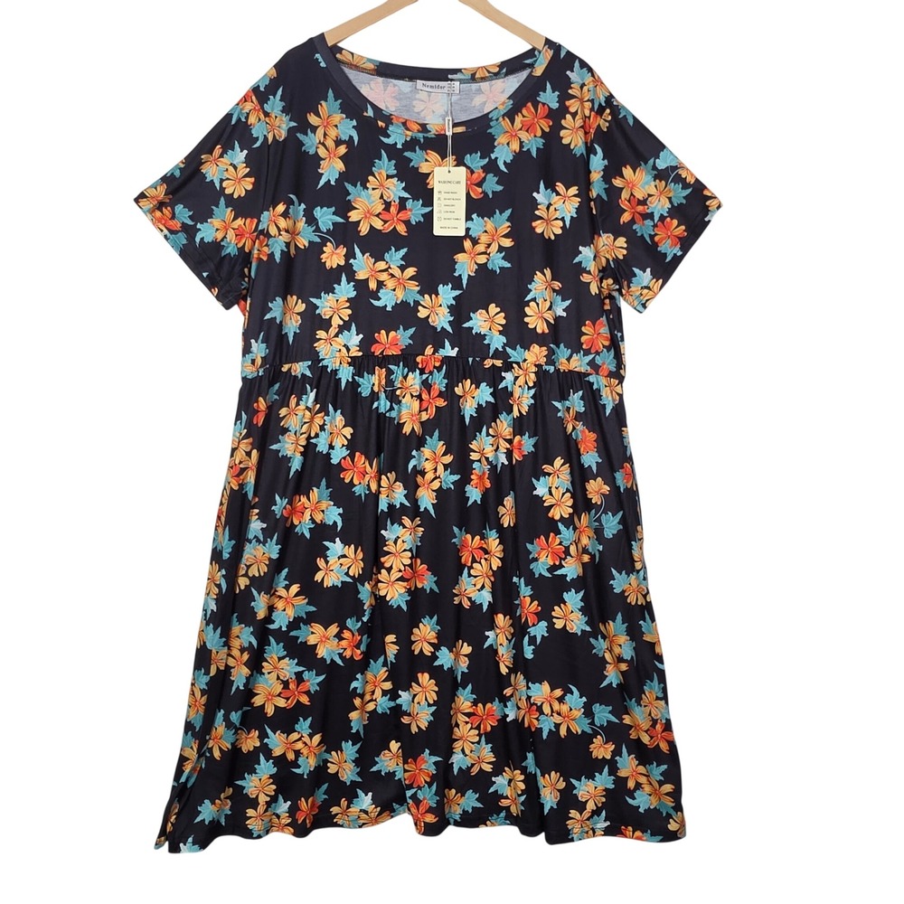 Nemidor Womens Plus Size 26 Floral Midi Dress Navy Orange Boho Stretch New